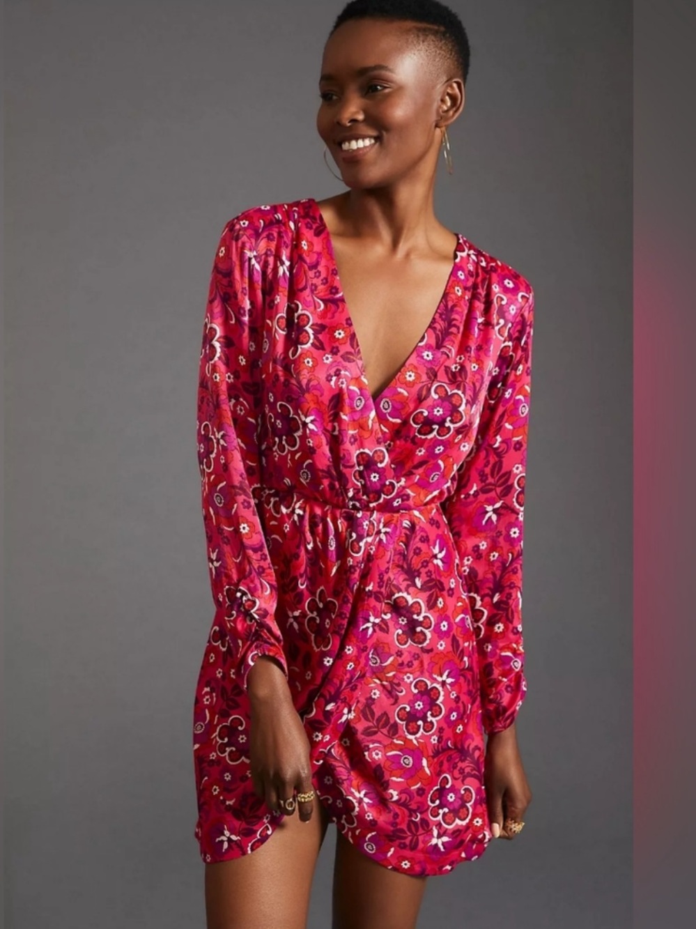 NWT Anthropologie Maeve Satin Wrap Dress Pink Floral Long Sleeves